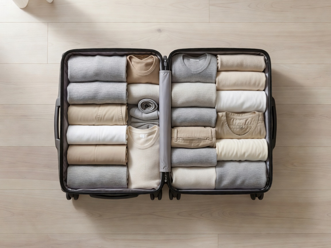 An open carry-on suitcase meticulously packed with neutral clothing