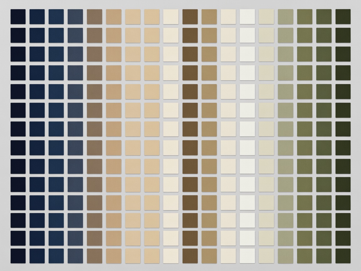 Color swatches showing a cohesive palette of navy, camel, cream, and olive