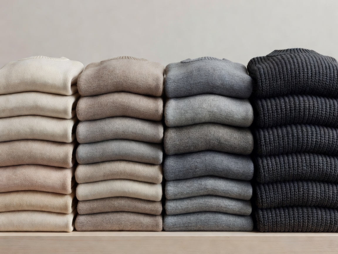 Folded sweaters transitioning from light beige to heavy charcoal wool