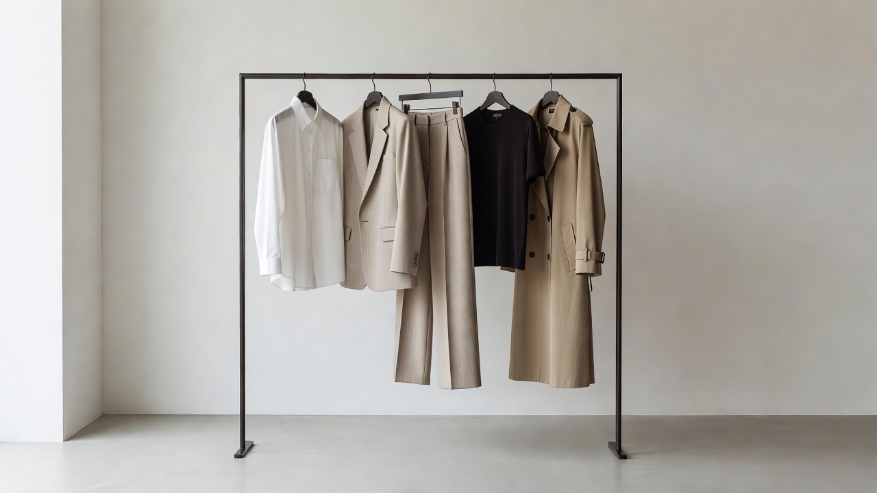 A beautifully curated minimalist capsule wardrobe hanging on a sleek modern clothing rack